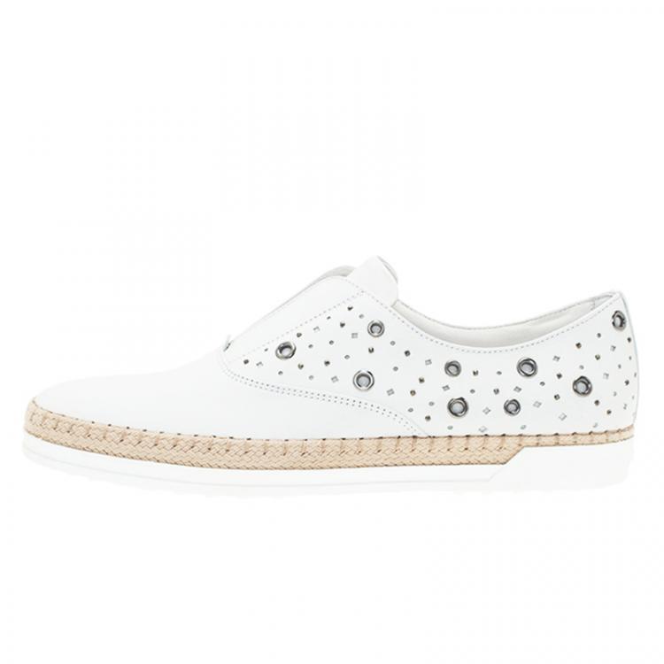 Pre Owned Tod's White  Leather Grommet Francesina Slip On Espadrille Sneakers  Size 40