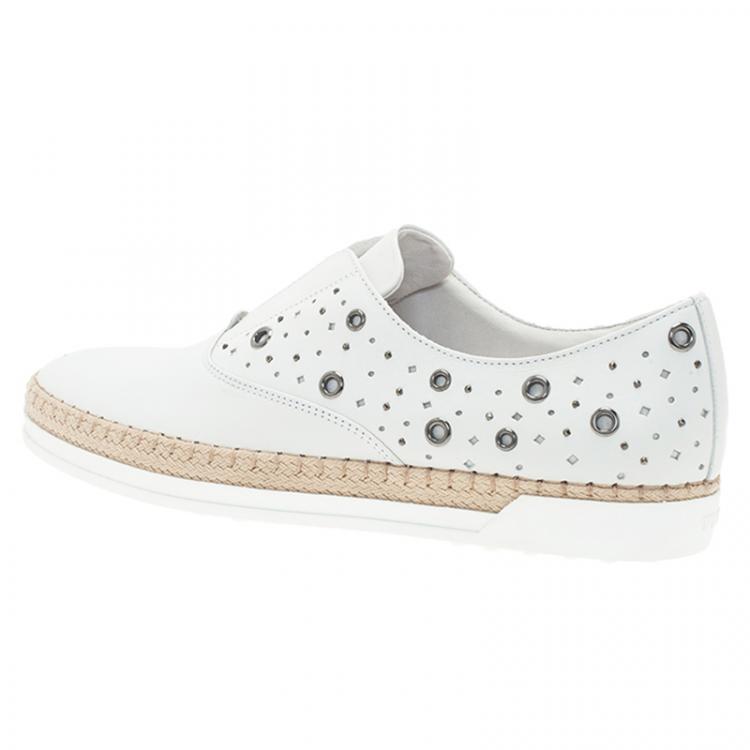 Pre Owned Tod's White  Leather Grommet Francesina Slip On Espadrille Sneakers  Size 40