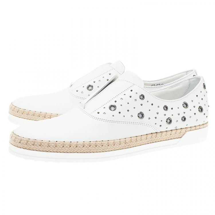 Pre Owned Tod's White  Leather Grommet Francesina Slip On Espadrille Sneakers  Size 40