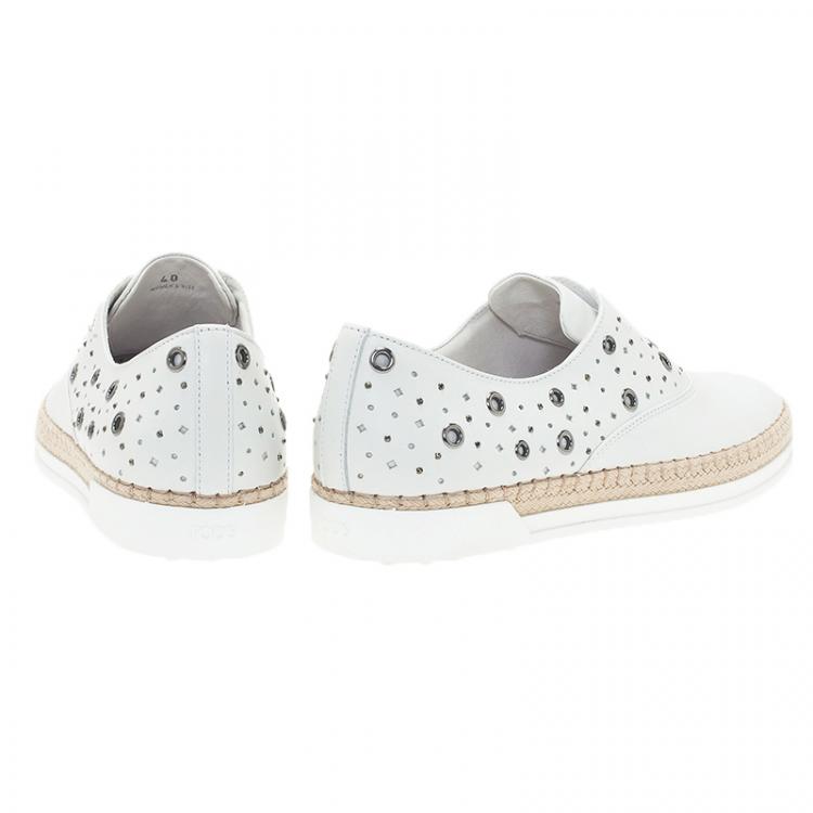 Pre Owned Tod's White  Leather Grommet Francesina Slip On Espadrille Sneakers  Size 40