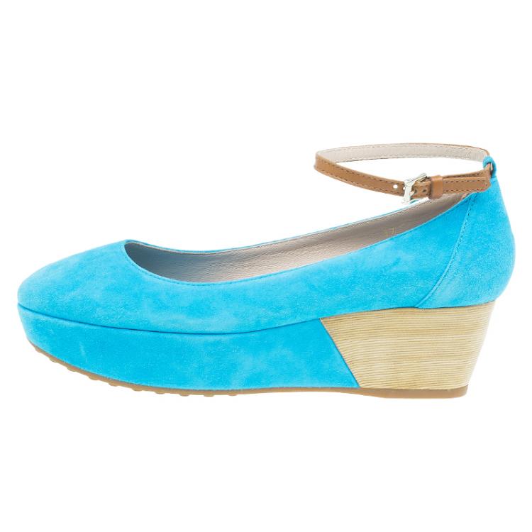 Pre Owned Tod's Blue Suede Ankle Strap Platform Wedge Pumps Size 37