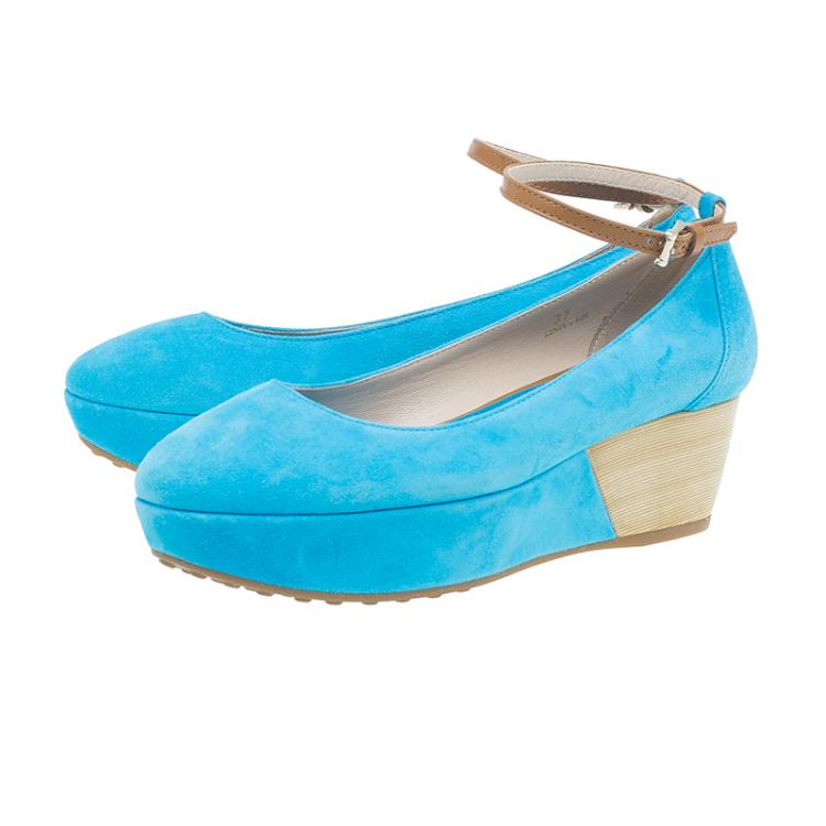 Pre Owned Tod's Blue Suede Ankle Strap Platform Wedge Pumps Size 37
