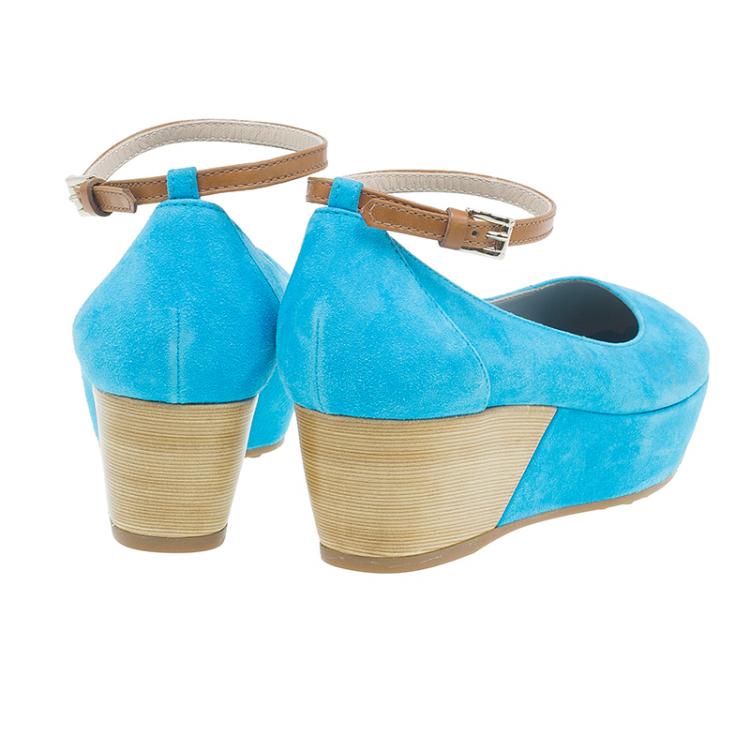 Pre Owned Tod's Blue Suede Ankle Strap Platform Wedge Pumps Size 37