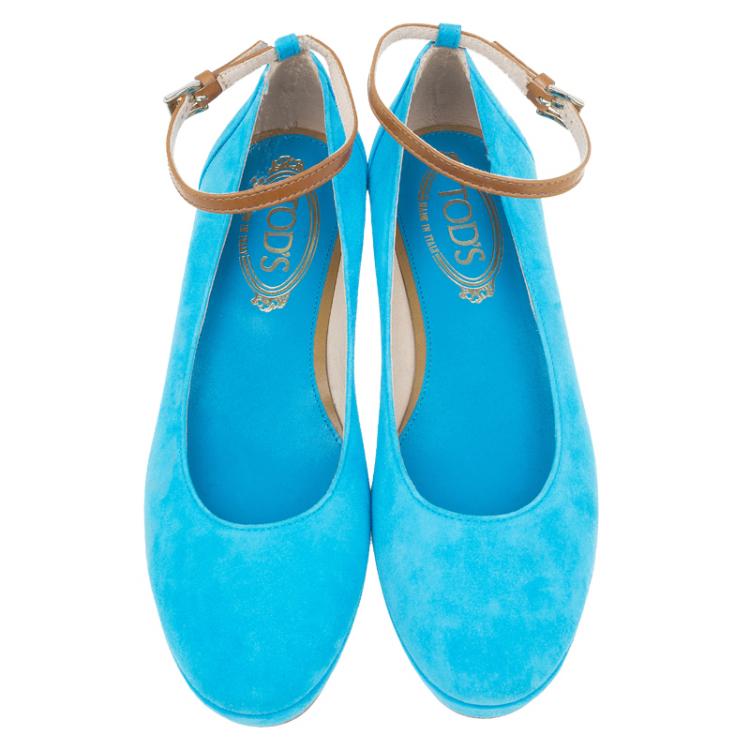 Pre Owned Tod's Blue Suede Ankle Strap Platform Wedge Pumps Size 37