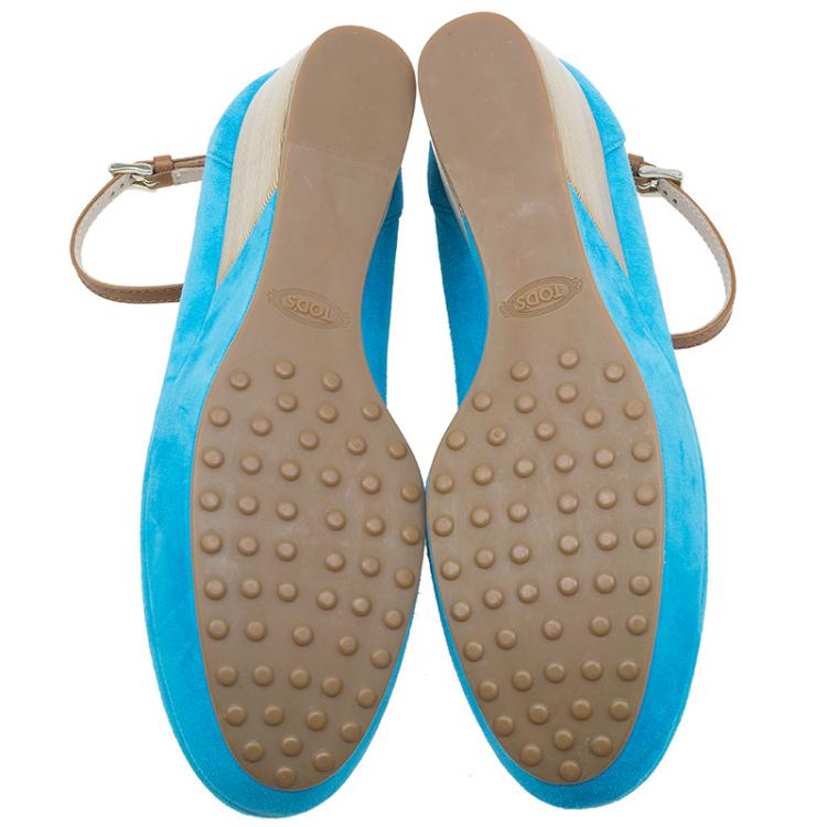 Pre Owned Tod's Blue Suede Ankle Strap Platform Wedge Pumps Size 37