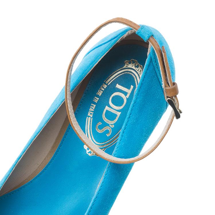Pre Owned Tod's Blue Suede Ankle Strap Platform Wedge Pumps Size 37