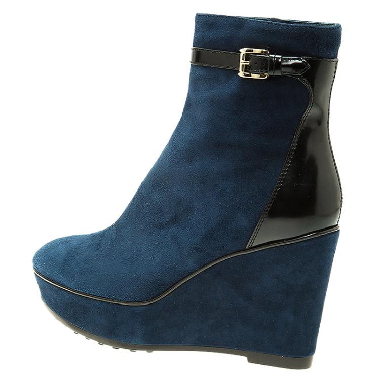 navy blue wedge booties
