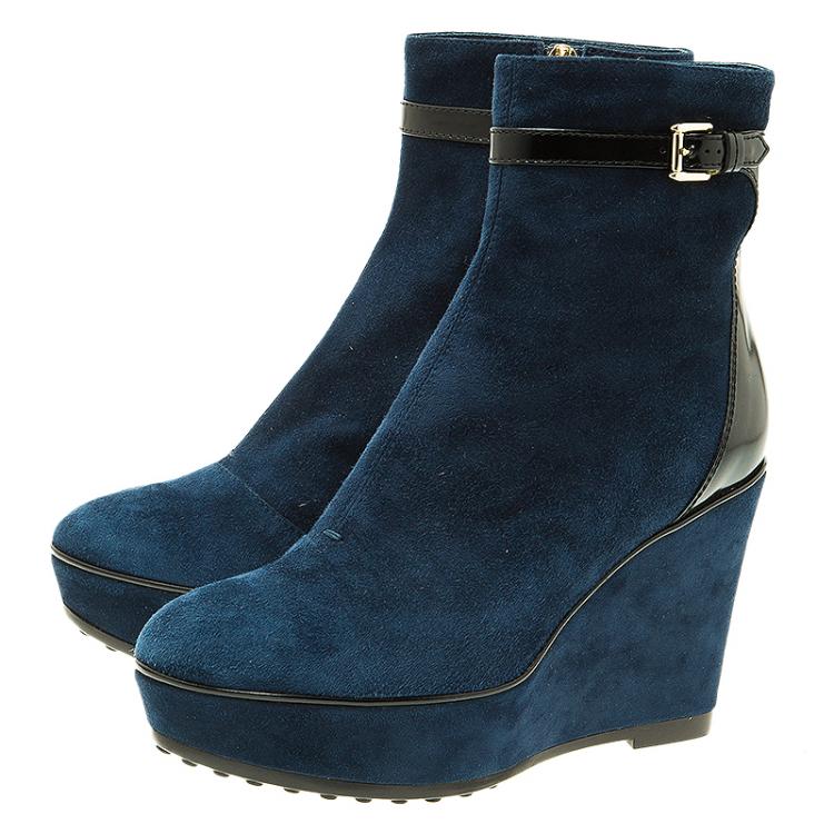 Pre Owned Tod's Navy Blue Suede Buckle Detail Wedge Boots Size 37