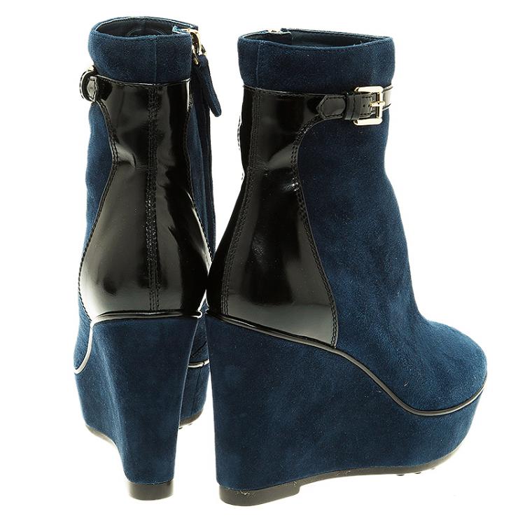 Pre Owned Tod's Navy Blue Suede Buckle Detail Wedge Boots Size 37
