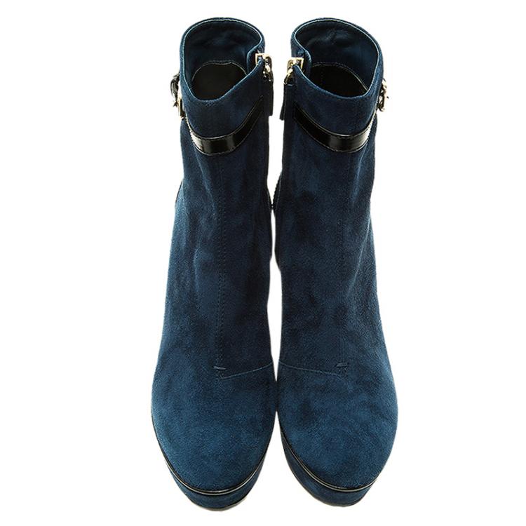 Pre Owned Tod's Navy Blue Suede Buckle Detail Wedge Boots Size 37