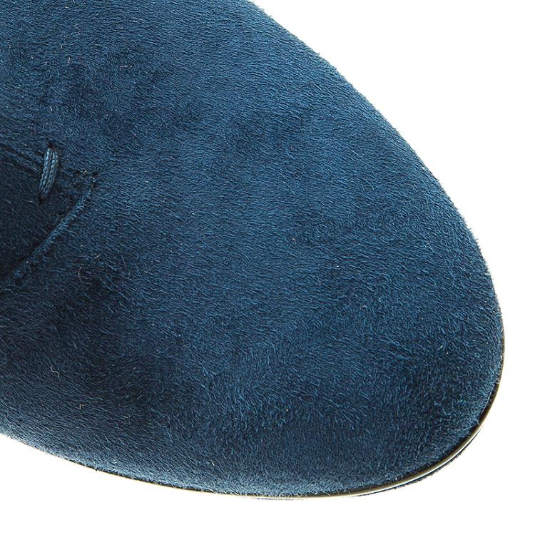 Pre Owned Tod's Navy Blue Suede Buckle Detail Wedge Boots Size 37
