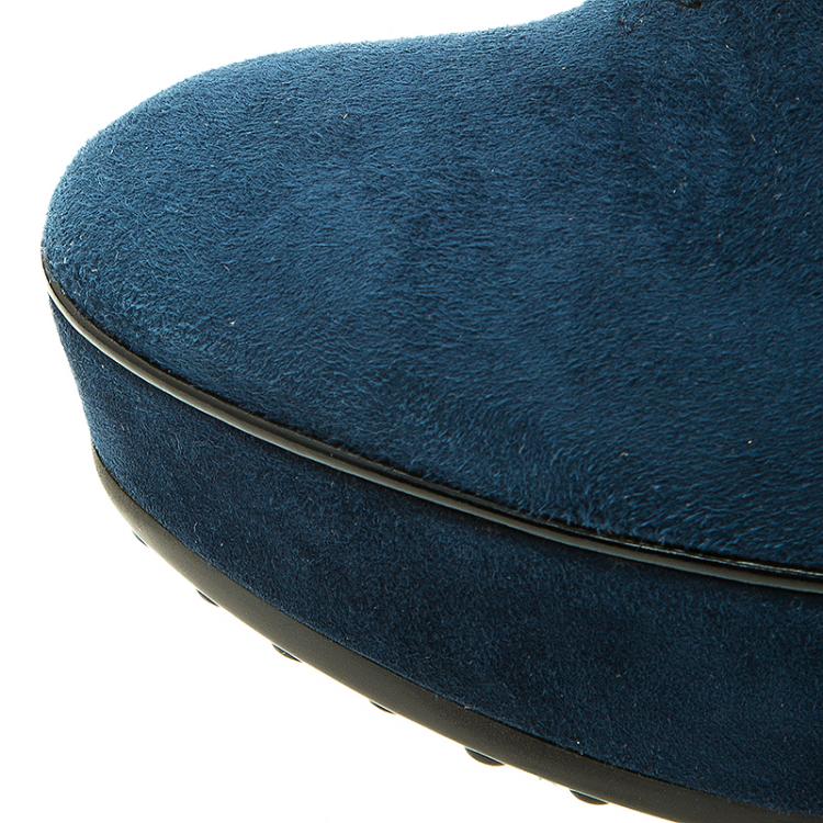 Pre Owned Tod's Navy Blue Suede Buckle Detail Wedge Boots Size 37