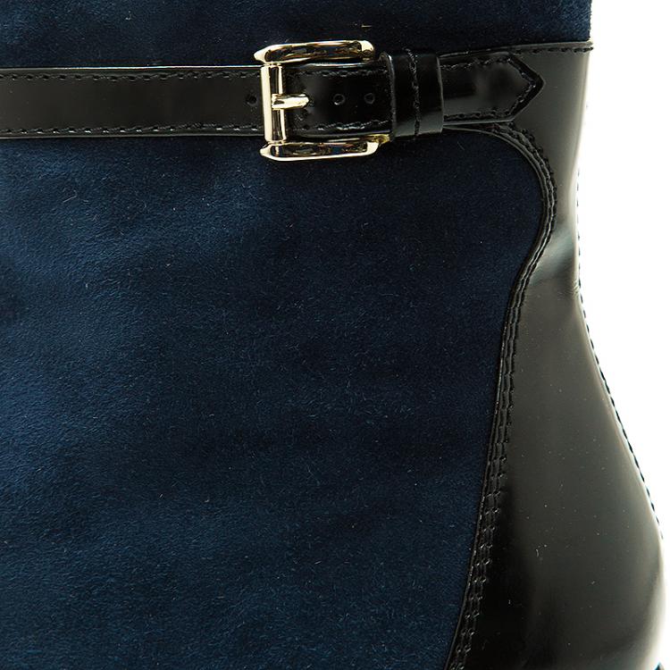 Pre Owned Tod's Navy Blue Suede Buckle Detail Wedge Boots Size 37