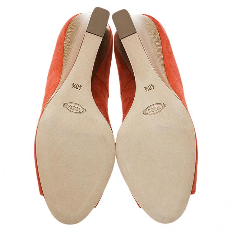 Pre Owned Tod's Coral Suede Peep Toe Wedge Pumps Size 40.5