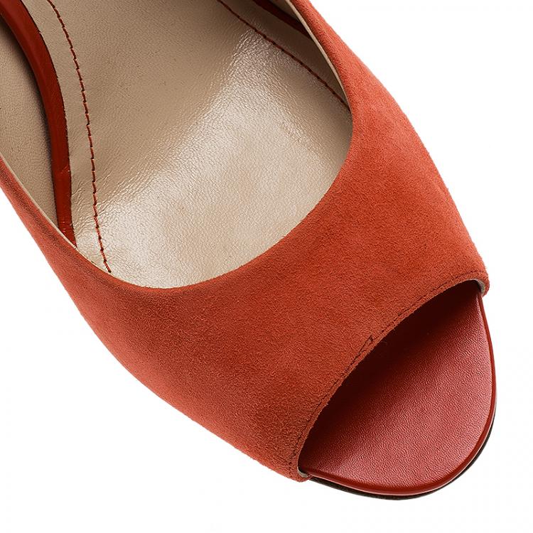 Pre Owned Tod's Coral Suede Peep Toe Wedge Pumps Size 40.5