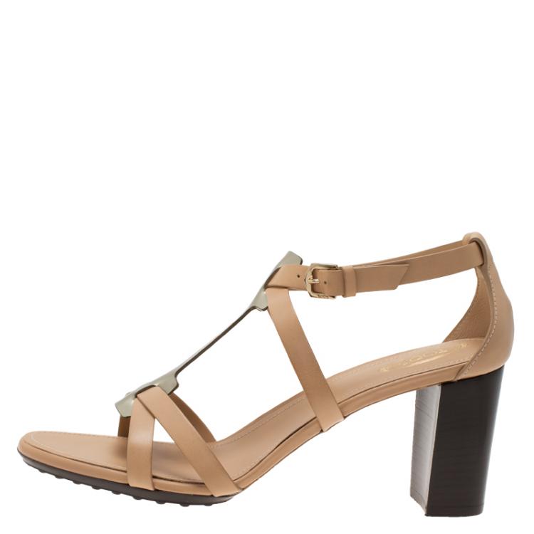 Pre Owned Tod's Beige Leather and Metallic T-Strap Sandals Size 37.5