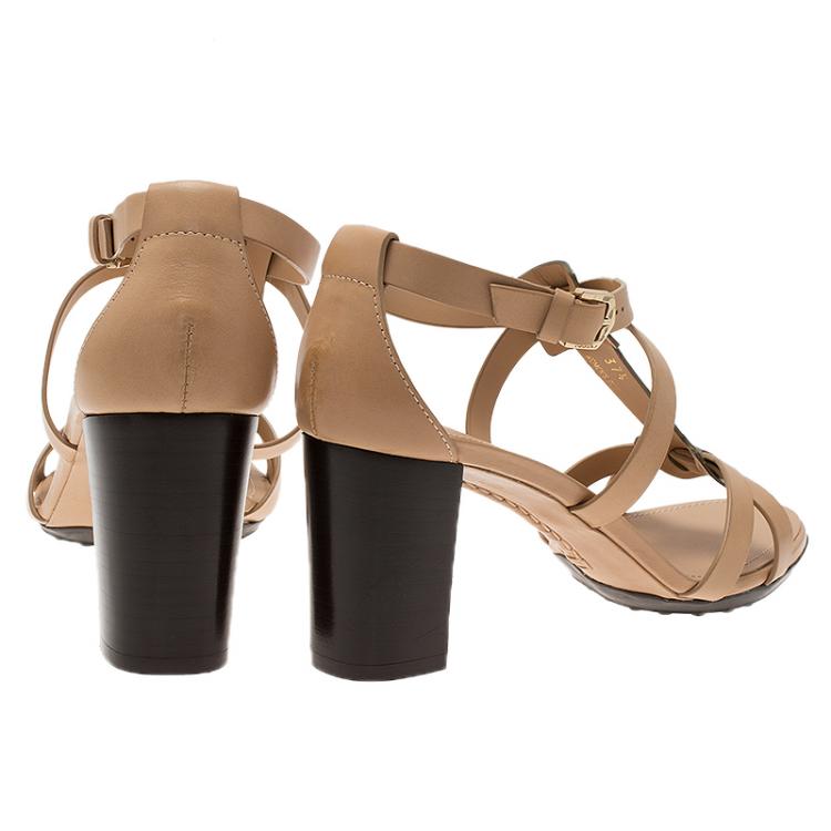 Pre Owned Tod's Beige Leather and Metallic T-Strap Sandals Size 37.5