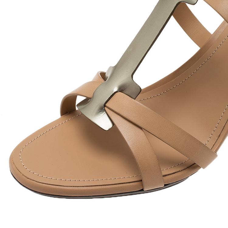 Pre Owned Tod's Beige Leather and Metallic T-Strap Sandals Size 37.5