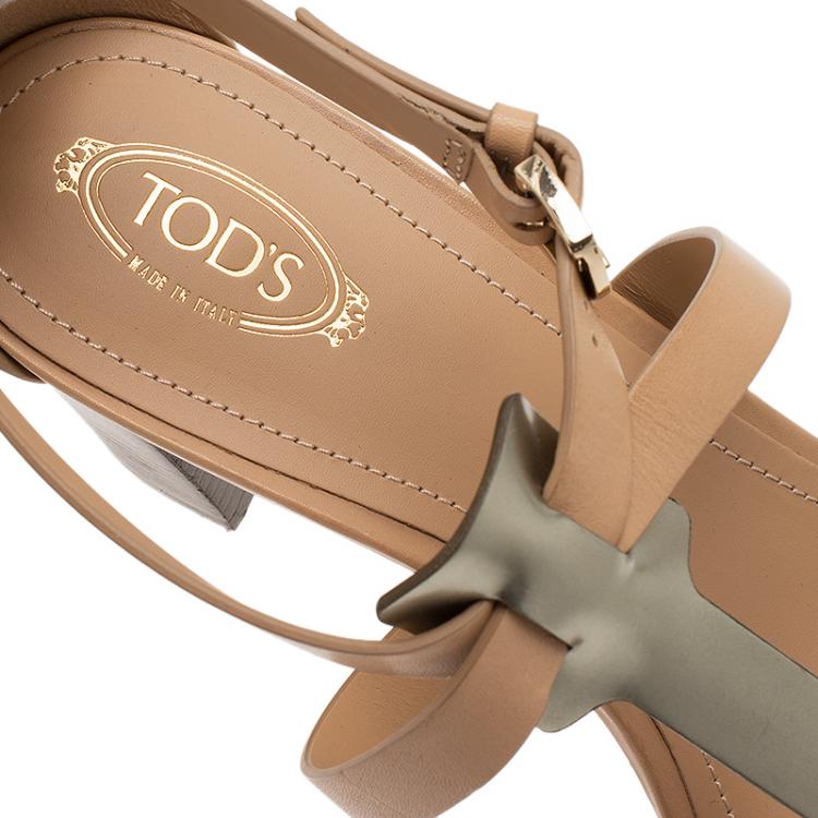 Pre Owned Tod's Beige Leather and Metallic T-Strap Sandals Size 37.5