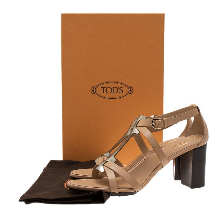 Pre Owned Tod's Beige Leather and Metallic T-Strap Sandals Size 37.5