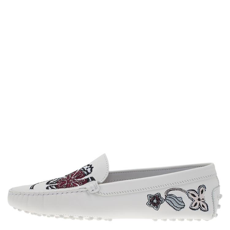 Pre Owned Tod's White Leather Floral Embroidered Loafers Size 38