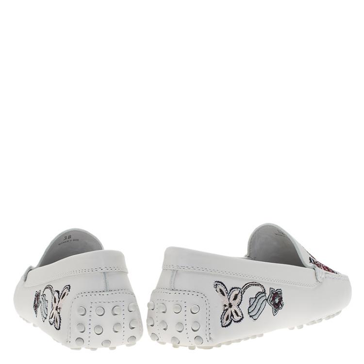 Pre Owned Tod's White Leather Floral Embroidered Loafers Size 38