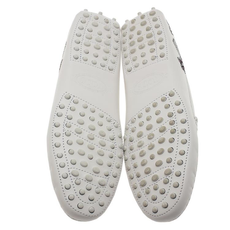 Pre Owned Tod's White Leather Floral Embroidered Loafers Size 38