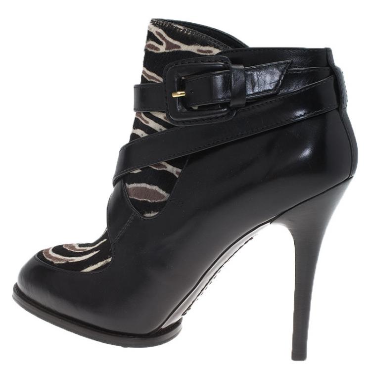 Pre Owned Tod's Black Leather and  Zebra Print Hair On Ankle Boots Size 38