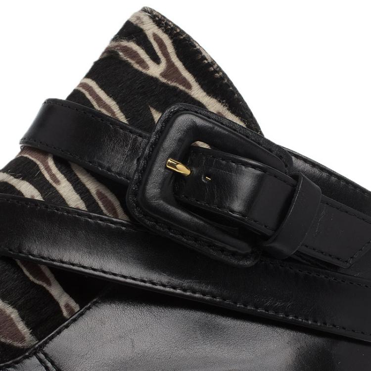 Pre Owned Tod's Black Leather and  Zebra Print Hair On Ankle Boots Size 38
