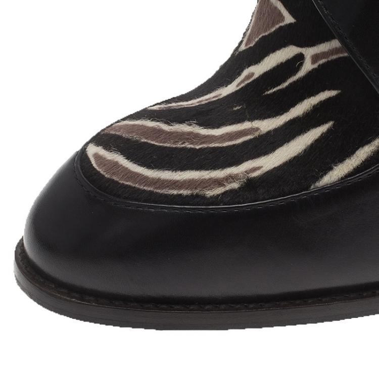 Pre Owned Tod's Black Leather and  Zebra Print Hair On Ankle Boots Size 38