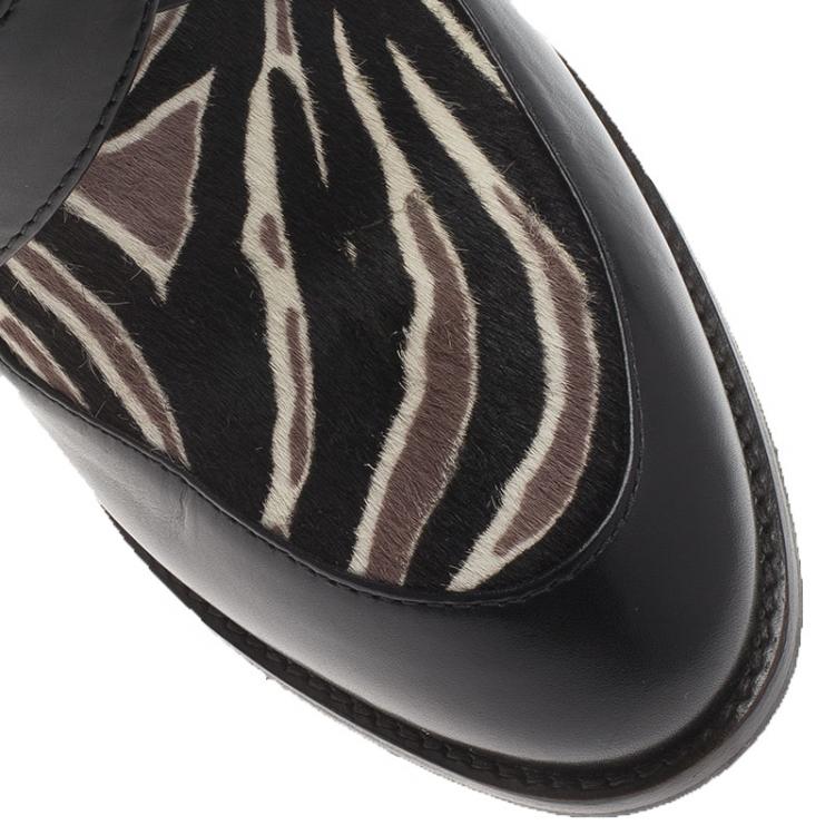 Pre Owned Tod's Black Leather and  Zebra Print Hair On Ankle Boots Size 38