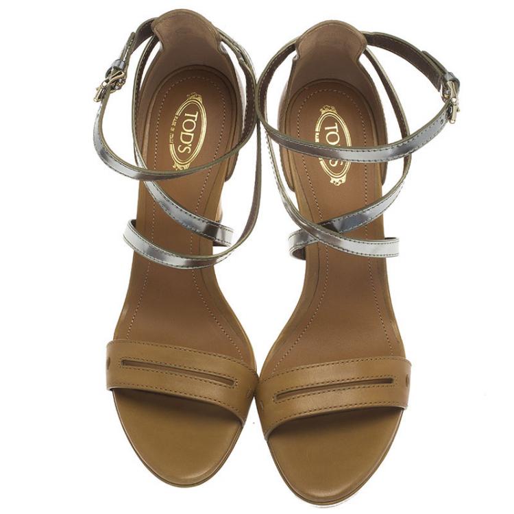 Pre Owned Tod's Tan and Metallic Leather Ankle Wrap Platform Sandals Size 40