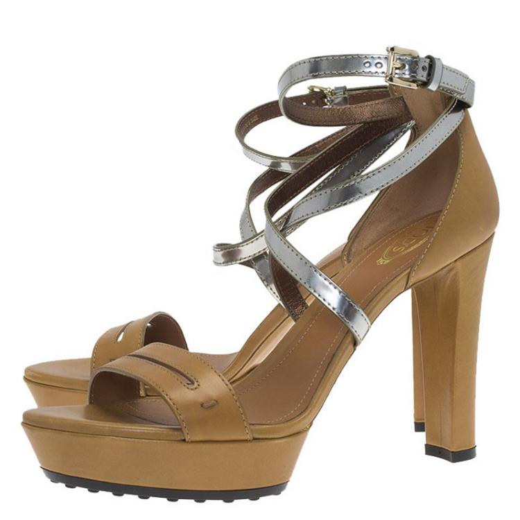 Pre Owned Tod's Tan and Metallic Leather Ankle Wrap Platform Sandals Size 40
