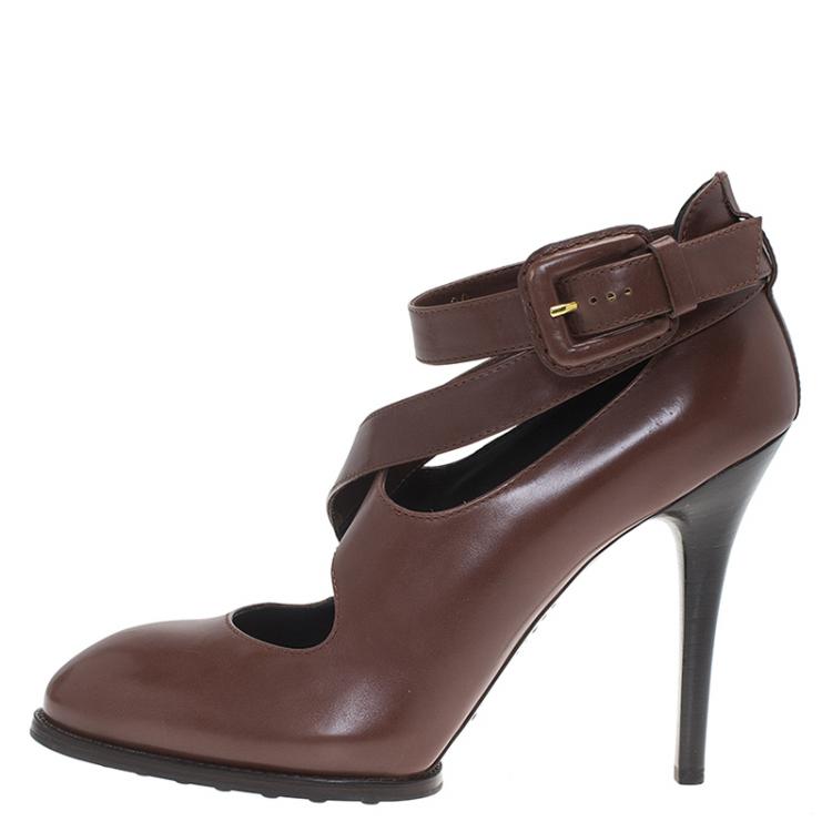 Pre Owned Tod's Brown Leather Cross Strap Pumps Size 39