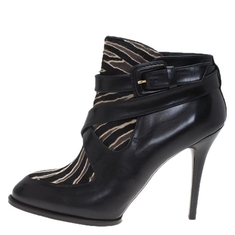 Pre Owned Tod's Black Leather and  Zebra Print Hair On Ankle Boots Size 39.5