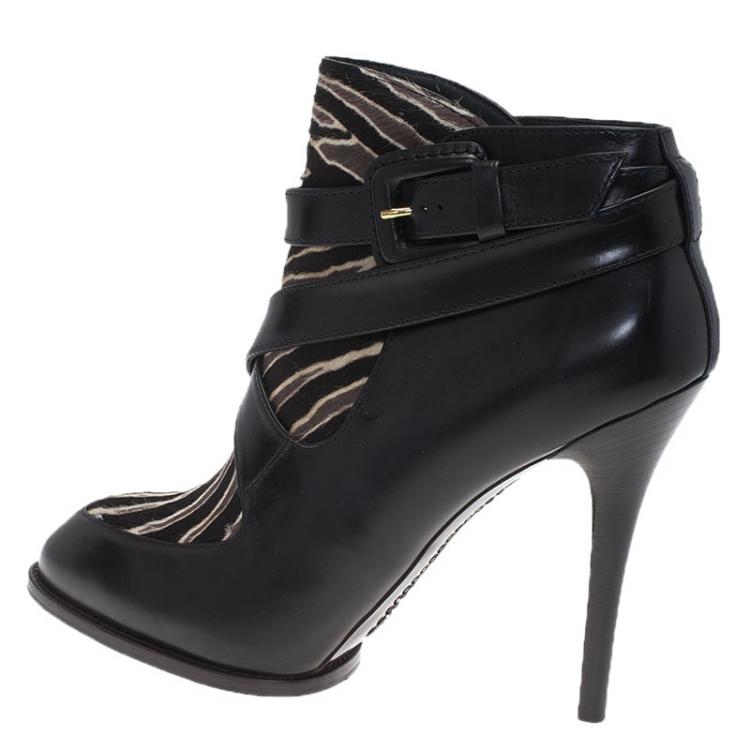 Pre Owned Tod's Black Leather and  Zebra Print Hair On Ankle Boots Size 39.5