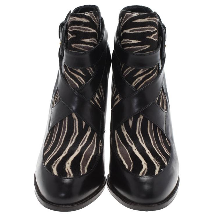 Pre Owned Tod's Black Leather and  Zebra Print Hair On Ankle Boots Size 39.5