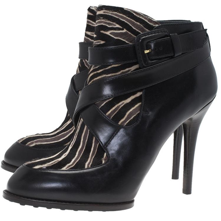 Pre Owned Tod's Black Leather and  Zebra Print Hair On Ankle Boots Size 39.5