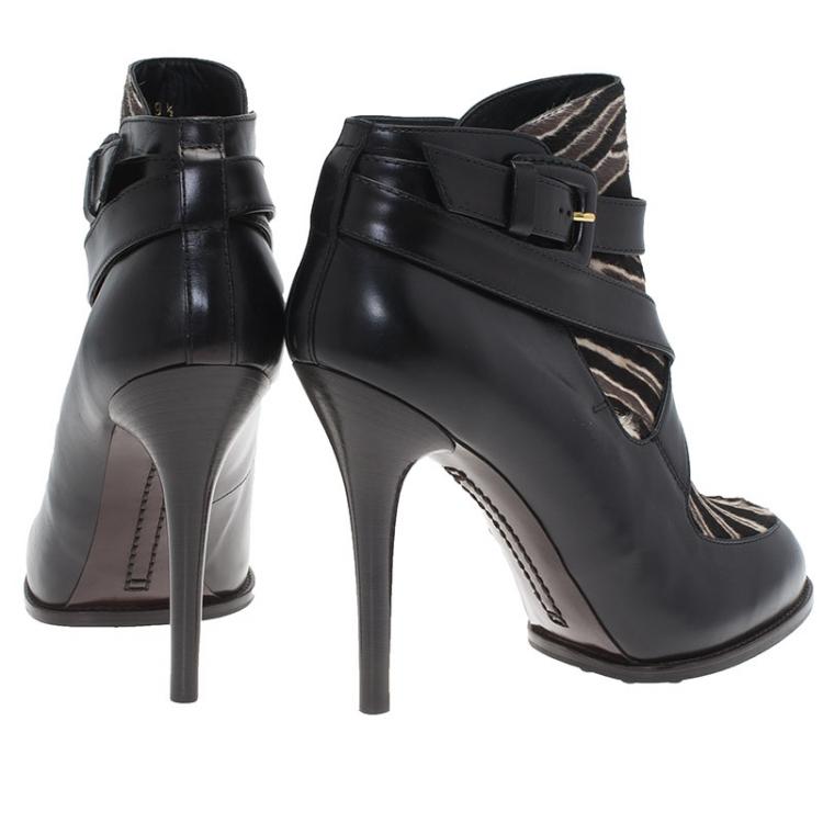Pre Owned Tod's Black Leather and  Zebra Print Hair On Ankle Boots Size 39.5