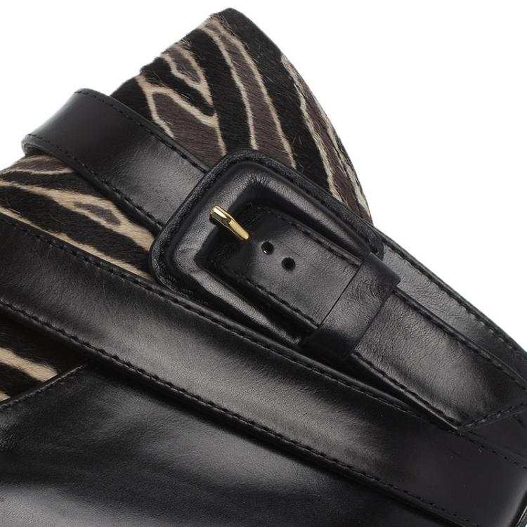 Pre Owned Tod's Black Leather and  Zebra Print Hair On Ankle Boots Size 39.5
