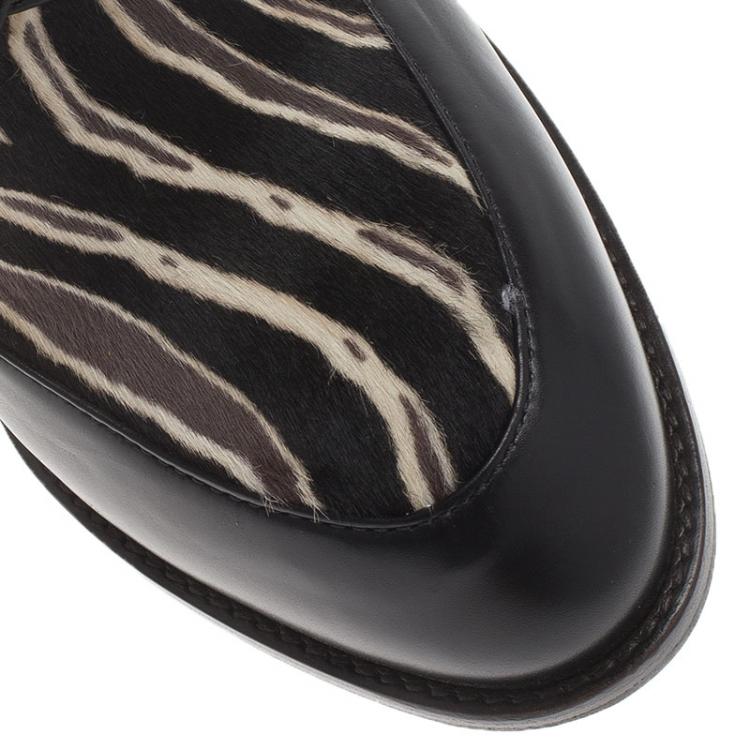 Pre Owned Tod's Black Leather and  Zebra Print Hair On Ankle Boots Size 39.5