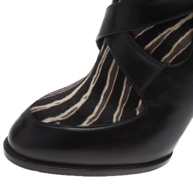 Pre Owned Tod's Black Leather and  Zebra Print Hair On Ankle Boots Size 39.5