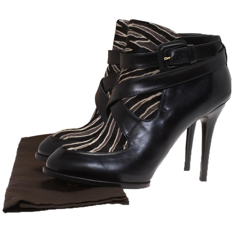 Pre Owned Tod's Black Leather and  Zebra Print Hair On Ankle Boots Size 39.5