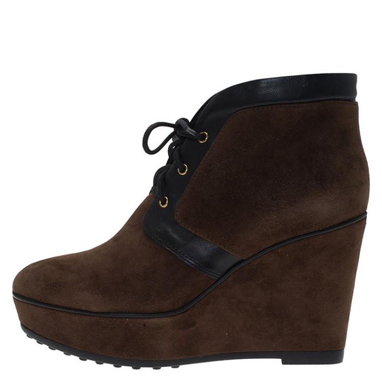 Pre Owned Tod's Brown Suede and Black Leather Lace Up Wedge Ankle Boots Size 37.5