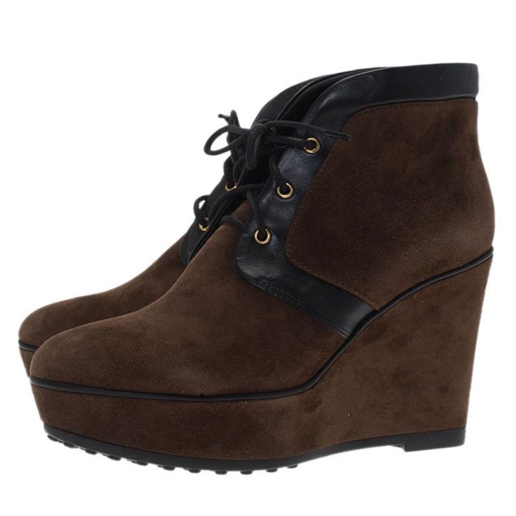Pre Owned Tod's Brown Suede and Black Leather Lace Up Wedge Ankle Boots Size 37.5