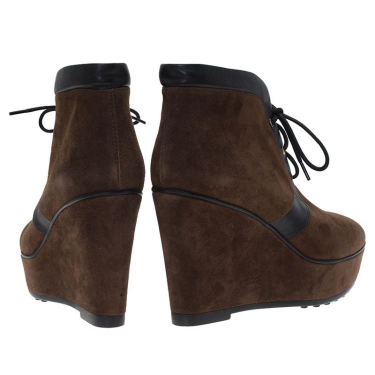 Pre Owned Tod's Brown Suede and Black Leather Lace Up Wedge Ankle Boots Size 37.5