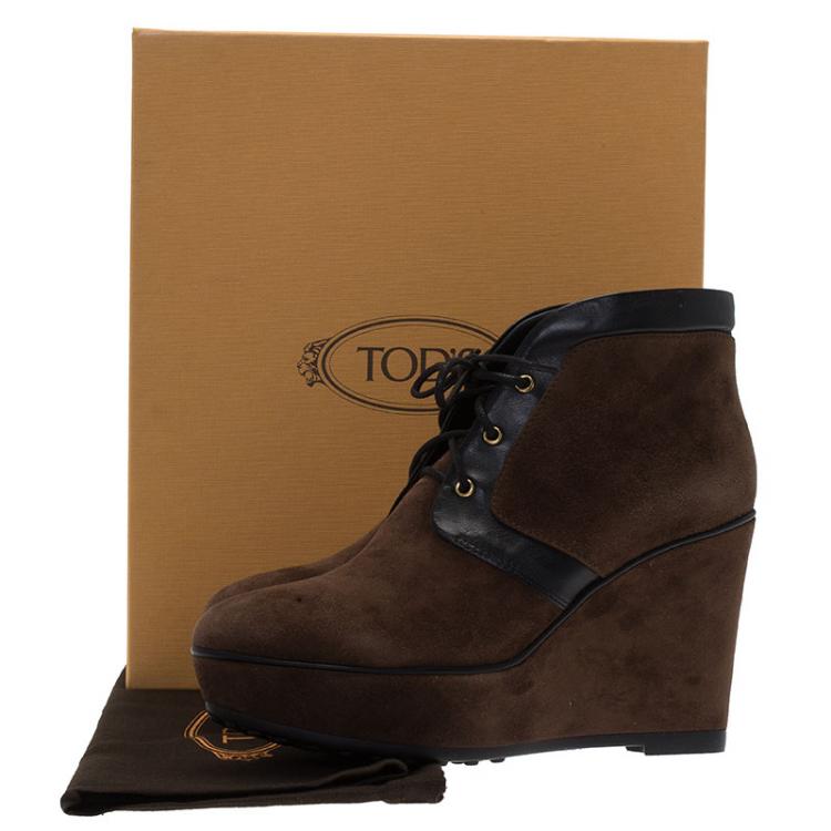 Pre Owned Tod's Brown Suede and Black Leather Lace Up Wedge Ankle Boots Size 37.5