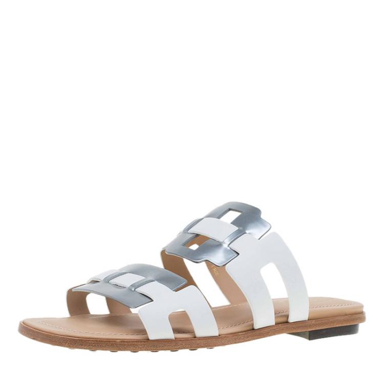 Pre Owned Tod's Two Tone Plate Buckle Flat Slides Size 36.5