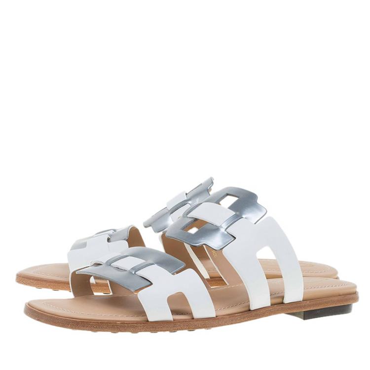 Pre Owned Tod's Two Tone Plate Buckle Flat Slides Size 36.5