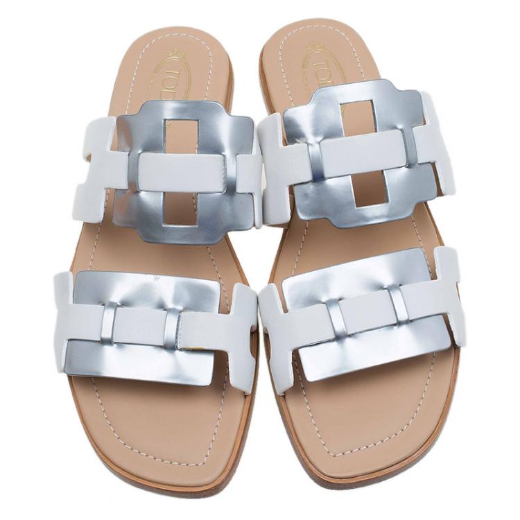 Pre Owned Tod's Two Tone Plate Buckle Flat Slides Size 36.5